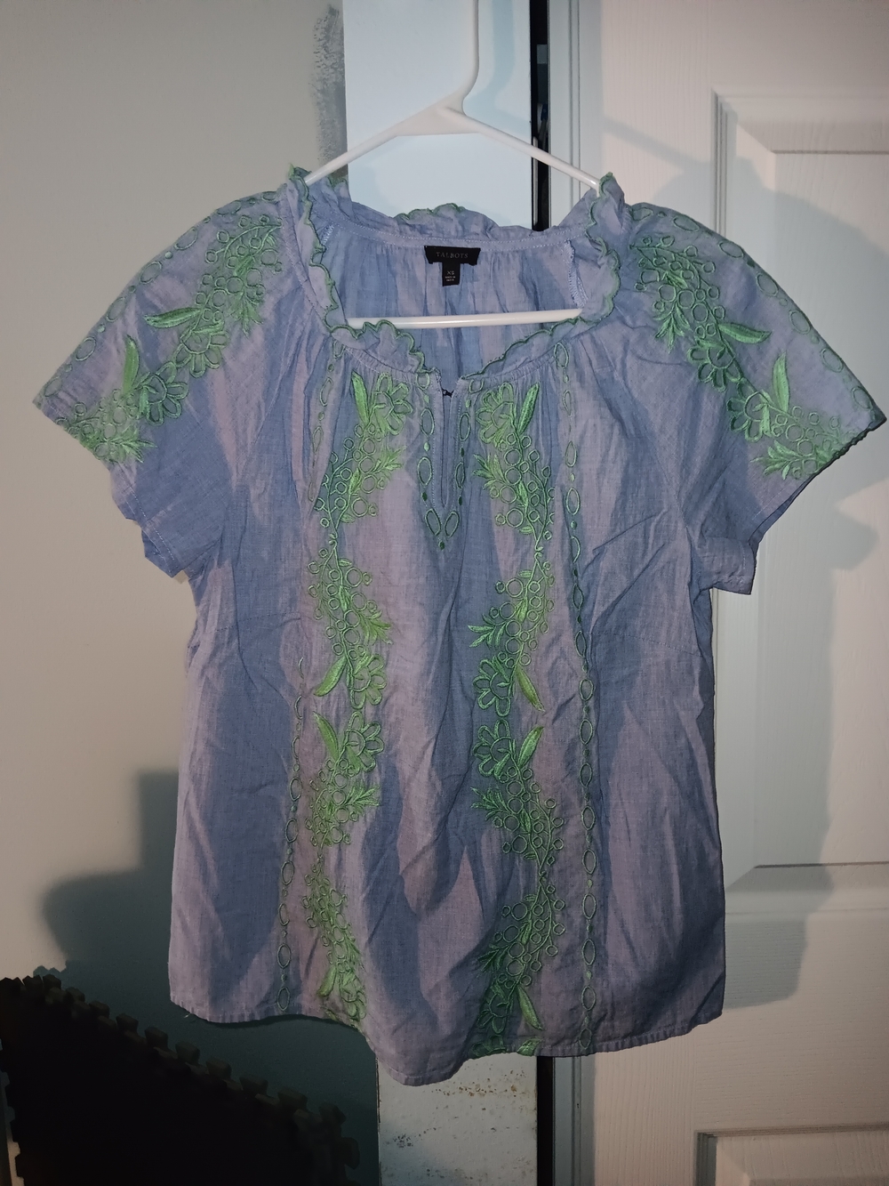Talbots Short Sleeve Blue Top with Green Embroidery